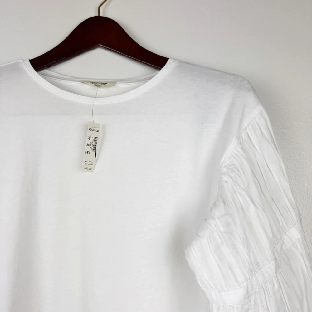 Madewell Puff-Sleeve Drop-Shoulder Knit Top Soft Cotton Jersey White XXS NWT